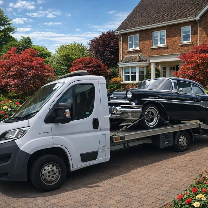 Classic car being towed on flatbed recovery truck in Holborn, North London