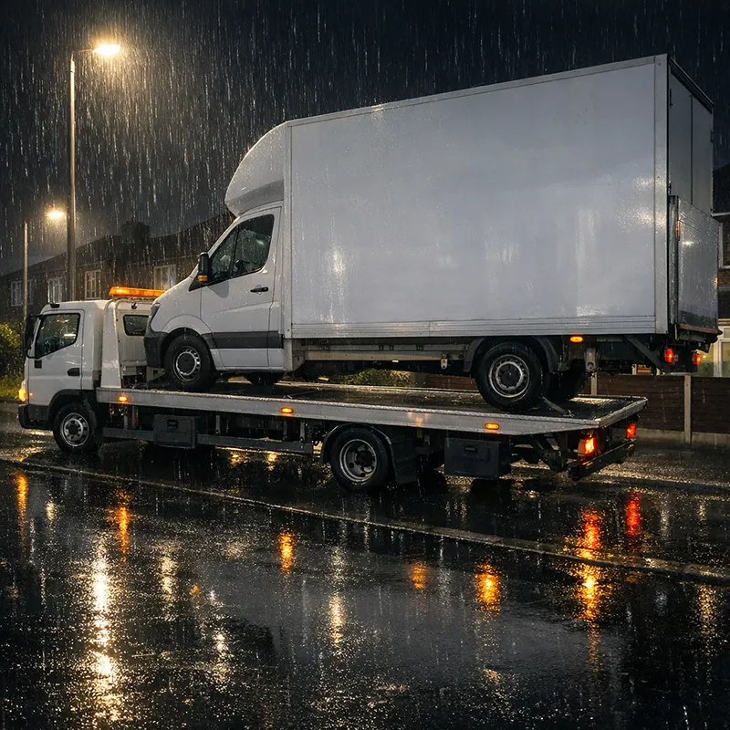 High-top van being towed at night