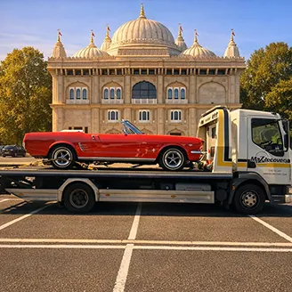 Red Mustang being transported in London